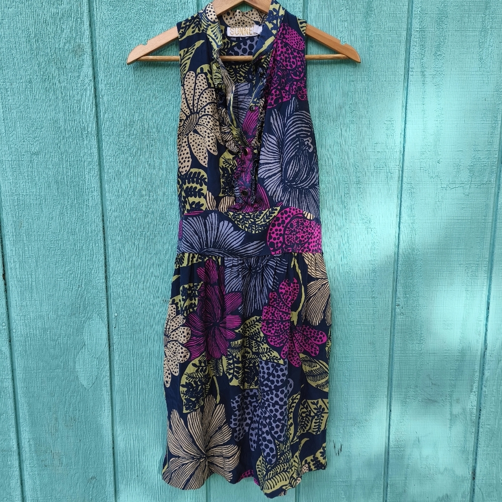 Australian Sunner 100% Silk Floral Sleeveless sz 6 Navy Purple Beach Feminine